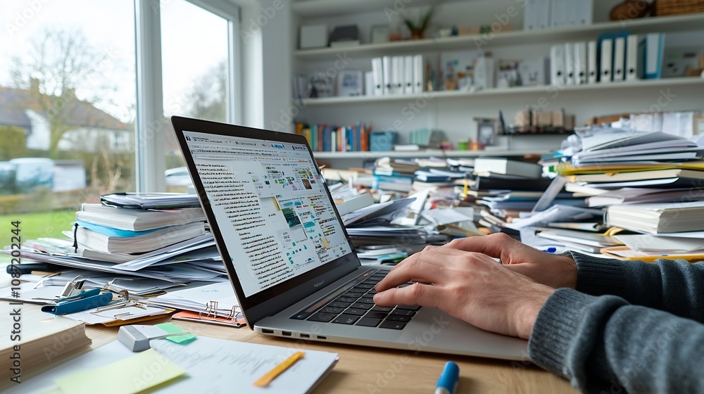 Aufkleber Closeup of hands typing rapidly on a laptop intense visible piles of reference materials and open books nearby creating a scholarly workspace in motion with a minimalist clean