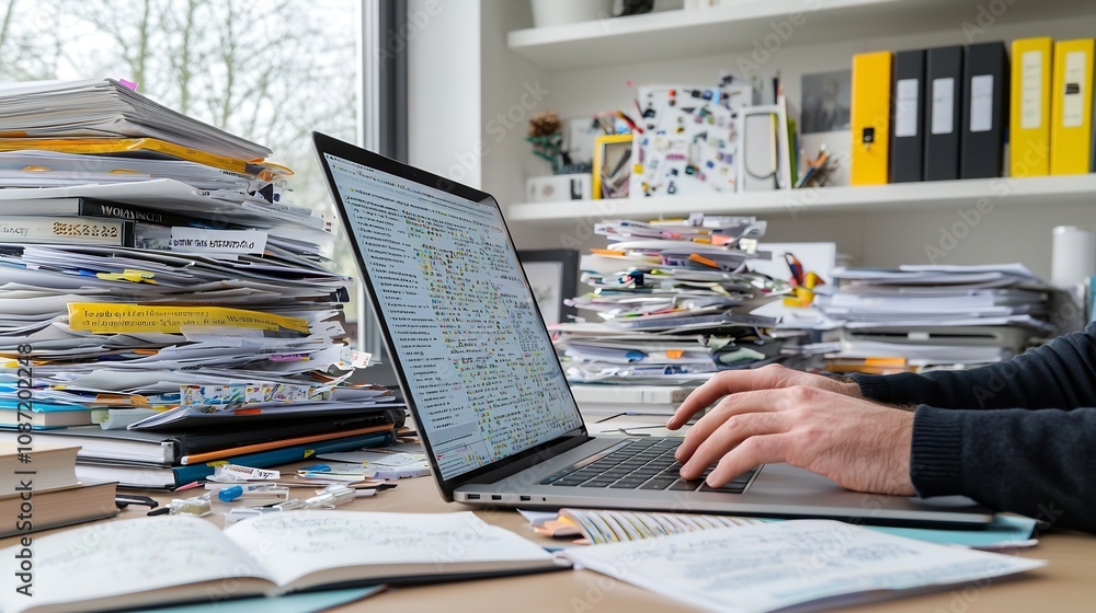 Poster Closeup of hands rapidly typing on a laptop intense visible surrounded by piles of reference materials and open books in a minimalist clean and naturally lit home office setting