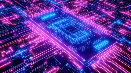 Obraz premium A vibrant digital circuit board with neon lights showcasing technology and innovation.