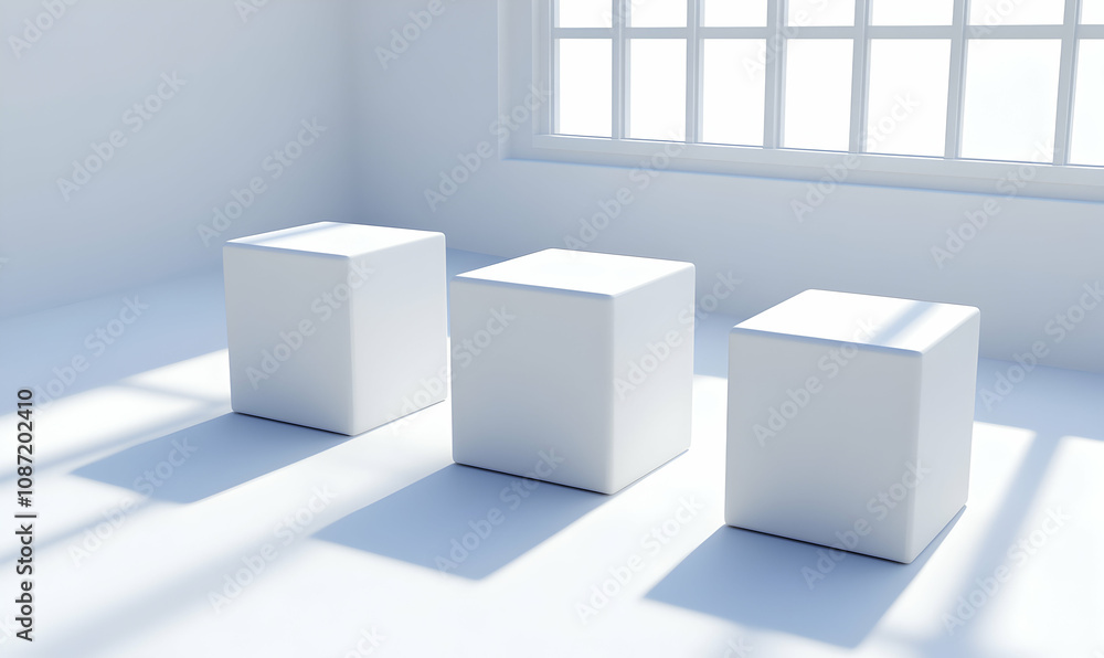 Poster three pristine white cubes arranged in a row on a bright, minimalist surface, bathed in soft sunligh