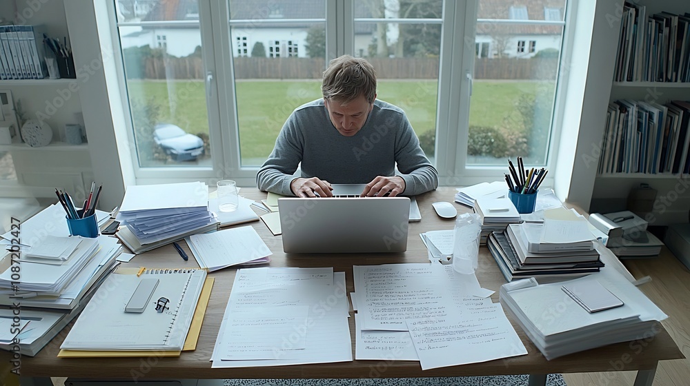 Poster Closeup view of hands actively typing on a laptop surrounded by the essential tools of intellectual labor including books papers and writing implements captured in a bright