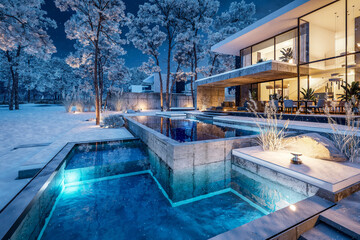 3d rendering of flat roof house with parking and pool for sale or rent with concrete facade and beautiful landscaping on background. Cool winter night with stars and snow in sky