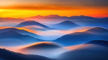 Obraz premium A picturesque mountain range bathed in a vibrant sunset, framed by an array of hues in the sky and cloud formations in the foreground