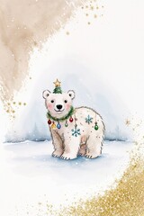 Fototapeta premium Cute Polar Bear Christmas Watercolor Art Print with Winter Snowflakes