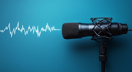 Microphone with sound waves on blue background, symbolizing audio content creation, features ample space for text at the top.