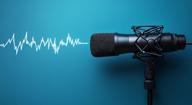 Microphone with sound waves on blue background, symbolizing audio content creation, features ample space for text at the top.