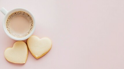 Obraz premium A couple of heart-shaped cookies on a pink surface with a heart-shaped coffee mug