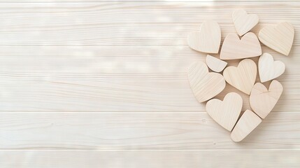 Fototapeta premium A collection of wooden hearts stacked atop a white wooden table and adjacent to a wooden heart-shaped cutout