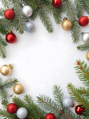 Festive Christmas Frame with Fir Branches and Colorful Ornaments