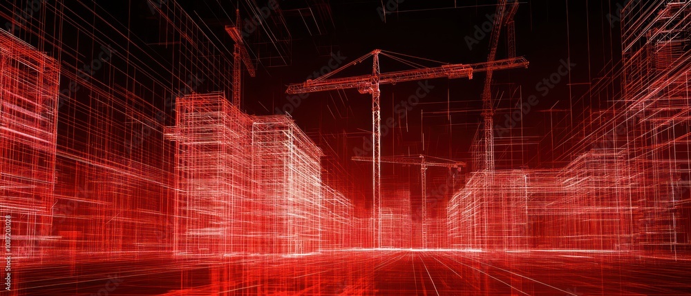 Aufkleber a digital rendering of a construction site with a red color scheme and outlined structures.