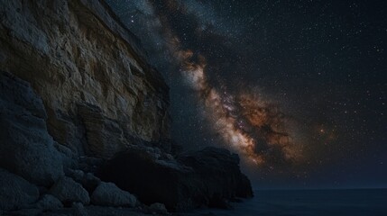 Stars and the Milky Way galaxy over a steep cliffside, with the rocky face glowing in the starlight.