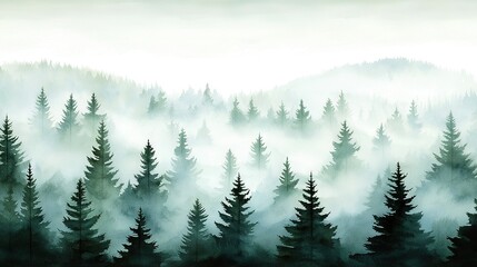 Fototapeta premium Foggy forest w/pine trees in fg & mountain bg
