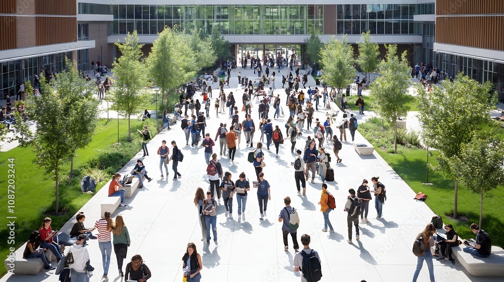 Poster Vibrant Hyperreal Overhead Photograph of a Bustling University Campus Setting Showcasing Tech Savvy Students Moving Between Classes and Engaging in Social Activities on Smartphones and Laptops
