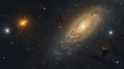 Naklejka premium Stunning view of the Andromeda Galaxy and its neighboring celestial bodies in deep space
