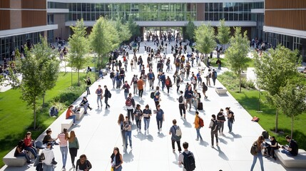 Vibrant Hyperreal Overhead Photograph of a Bustling University Campus Setting Showcasing Tech Savvy Students Moving Between Classes and Engaging in Social Activities on Smartphones and Laptops
