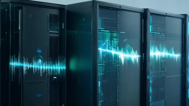 High-tech server racks with blue glowing lights, symbolizing data storage, security, and the backbone of modern digital infrastructure.