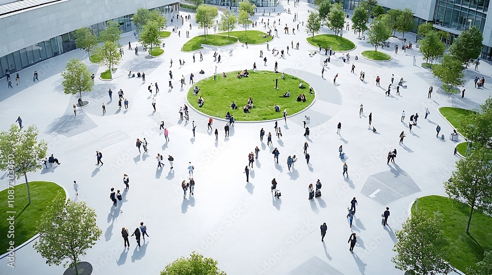 Leinwandbilder Aerial perspective showcasing the dynamic flow of student activity across a university campus individuals navigating pathways and utilizing their digital devices the scene depicted with a cinematic
