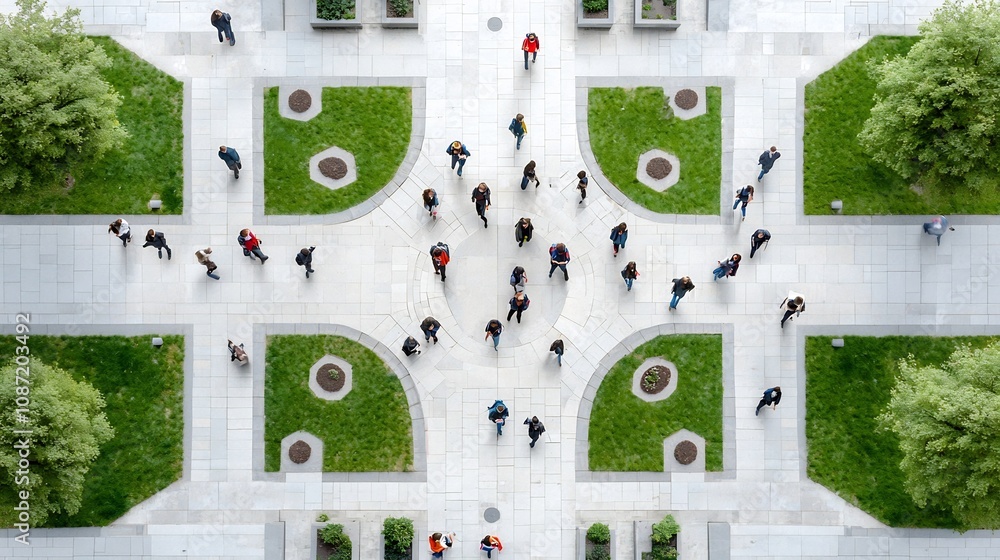 Poster Aerial perspective showcasing the dynamic flow of student activity across a university campus individuals navigating pathways and utilizing their digital devices the scene depicted with a cinematic