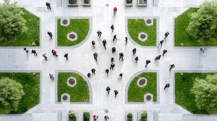 Aerial perspective showcasing the dynamic flow of student activity across a university campus individuals navigating pathways and utilizing their digital devices the scene depicted with a cinematic