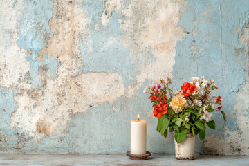 Loneliness and Its Link to Sadness. A serene arrangement featuring a candle next to a vibrant bouquet of mixed flowers in a rustic vase.