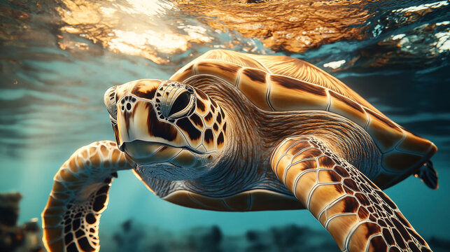 Close-up view of a sea turtle swimming underwater with sunlight reflecting on the water surface, showcasing detailed shell patterns and vibrant ocean setting.