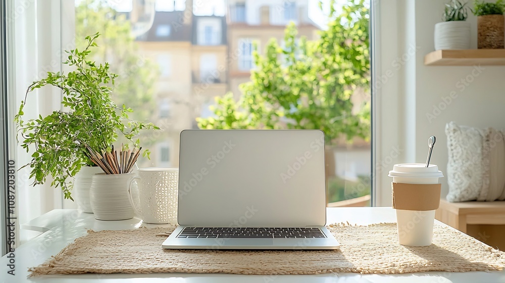 Poster focused remote professional working productively in serene home workspace surrounded by minimalist d