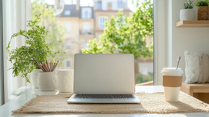 Focused Remote Professional Working Productively in Serene Home Workspace Surrounded by Minimalist Decor and Natural Greenery