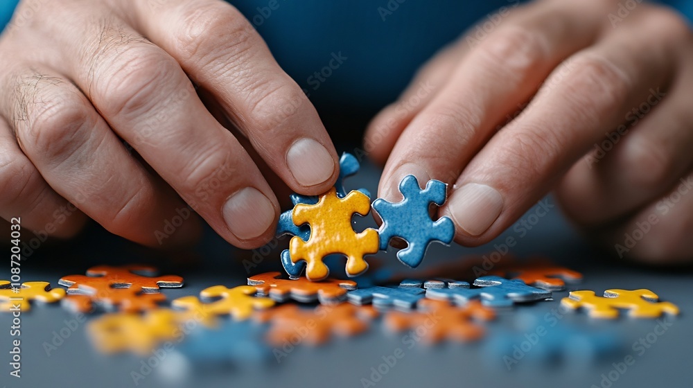 Poster close-up of hands assembling colorful puzzle pieces for collaborative project