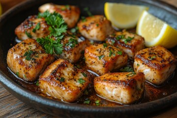 Pan-seared salmon fillet garnished with lemon and fresh herbs for a flavorful gourmet dining experience. Seafood presentation concept