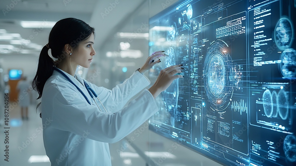 Poster doctor interacting with holographic display of patient medical records and advanced ai powered medic