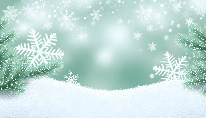 Serene winter wonderland scene with snowflakes falling gently on a snowdrift and pine branches. Ideal for festive backgrounds, cards, and invitations.