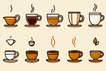 Obraz premium Illustrative elements of coffee and tea, simple line art of mugs and cups for cafe-related designs