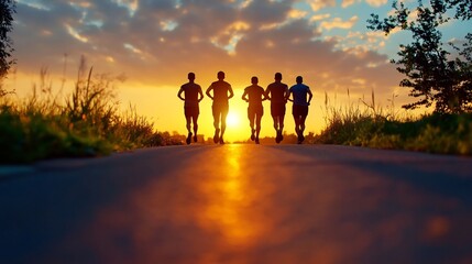 A Group of Runners Training Together at Sunrise on a Scenic Path