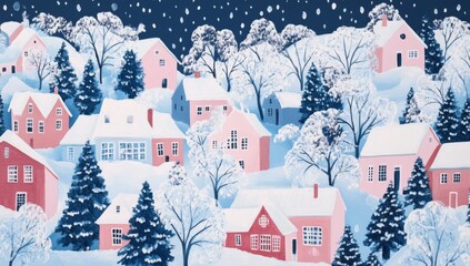 Gouache Painting of Snow Falling in Matisse Style, Idyllic Snowy Town with Pastel Pink and Blue Palette