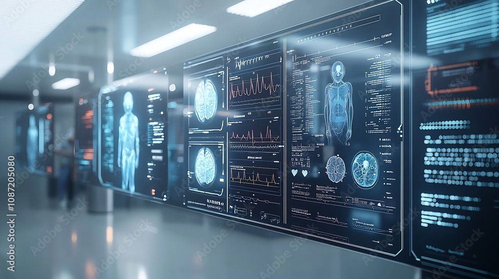 Poster Futuristic Holographic Healthcare Interface Showcasing Highly Advanced and Sophisticated AI Powered Medical Data Analytics 3D Patient Models