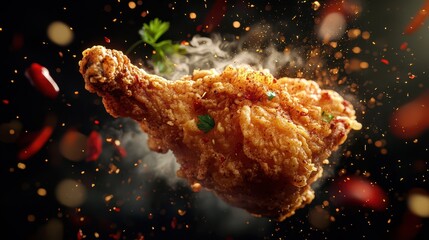Crispy Fried Chicken Piece in Mid-Air: Golden-Brown Crust, Rising Steam, Suspended Chili Flakes, and Herbs Against Black Background. High-Resolution Commercial Food Photography.
