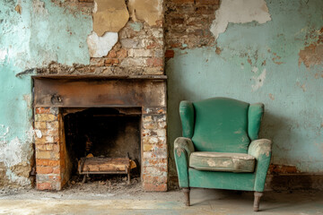 Loneliness and Its Link to Sadness. A dilapidated room featuring a green armchair next to a worn fireplace, with peeling paint and exposed brick walls creating a rustic atmosphere.