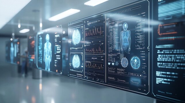 Futuristic Holographic Healthcare Interface Showcasing Highly Advanced and Sophisticated AI Powered Medical Data Analytics 3D Patient Models - Powered by Adobe