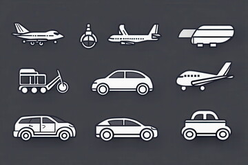 Illustrative icons of transportation, including cars, bikes, and planes in simple line art style