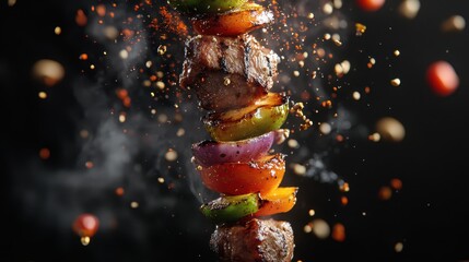 Flying Kebab Skewer: Grilled Meat and Vegetables Mid-Air, Charred Edges and Aromatic Spices in Dramatic Studio Lighting. High-Resolution Food Photography.