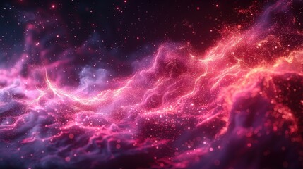 A vibrant cosmic cloud of purple and pink hues illuminated by sparkling stars in the distant universe
