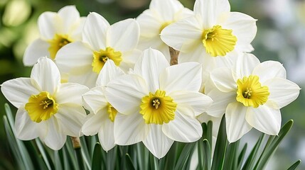 Fototapeta premium A vase filled with white and yellow daffodils surrounded by green foliage against a softly blurred background