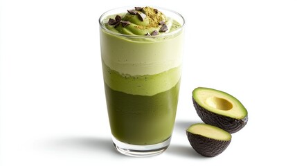 Refreshing Green Avocado Dessert Beverage with Layers of Creamy Matcha and Chocolate Topping Served in a Clear Glass on a White Background