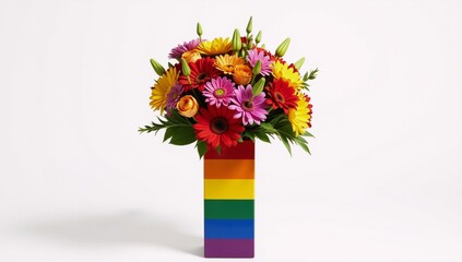 Rainbow-hued Pride flower bouquet against white backdrop symbolizing tolerance and love