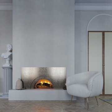 wmpty wall space in modern contemporary style of living room interior with warmth ambience.  there are armchairs and decorations. 3d illustration