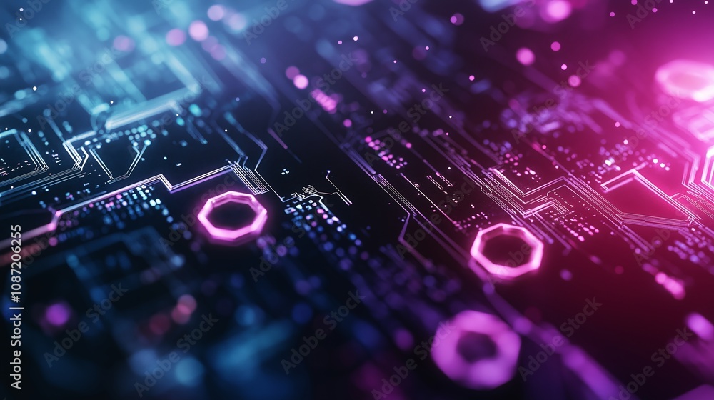 Poster beautiful abstract tech background on the theme of modern technology development. bright neon colors