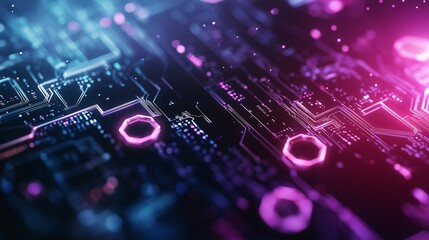Obraz premium Beautiful abstract tech background on the theme of modern technology development. Bright neon colors and neural lines in space