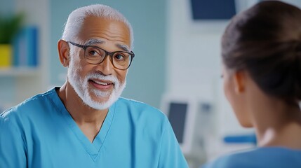Obraz premium Senior Male Patient Discussing Healthcare With Attentive Nurse In Medical Setting