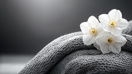   A pair of white blooms resting atop a gray blanket on a person's back, captured in monochrome