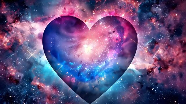 A vibrant cosmic heart shape filled with stars and colorful nebulae, illustrating a blend of love and the universe.